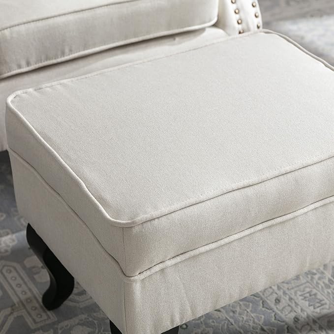 DM Furniture Accent Chair with Ottoman Modern Button Tufted Armchair Wingback Club Chair Linen Fabric Single Sofa Lounge Chair with Pillow for Living Room Bedroom, Beige
