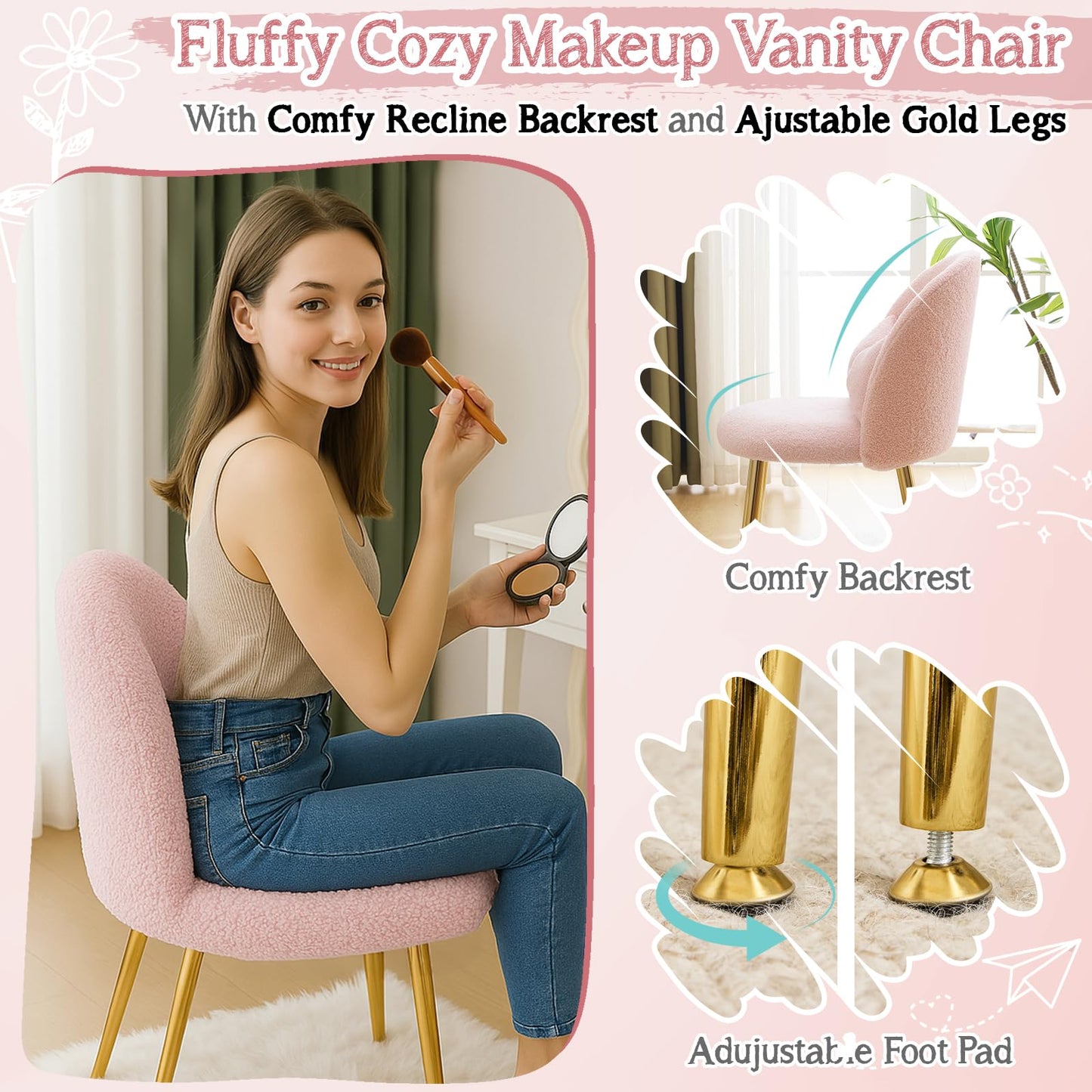 VINGLI Boucle Girls Vanity Chair with Back & Pillow,Cute Small Cozy Desk Chair No Wheels,Comfy Makeup Ch with Ajustable Gold Legs,for Bedroom,Living Room,Small Space,Pink
