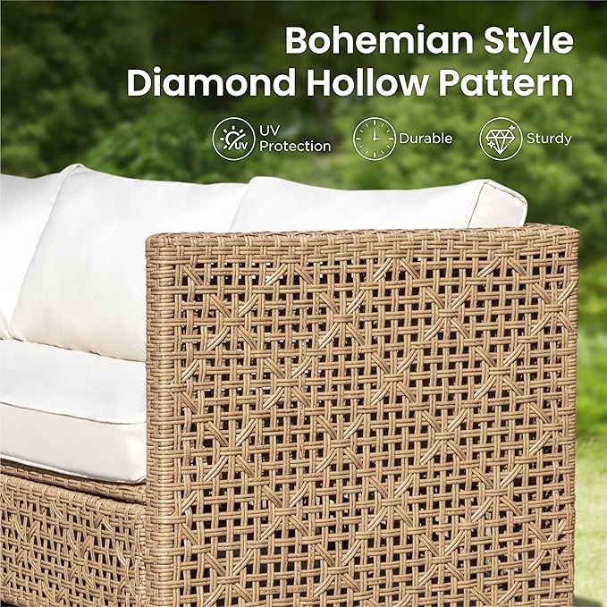 PHI VILLA Sectional Outdoor Couch, Small Patio Furniture Set with Cushions and Acacia Wood Coffee Table, U-Shaped Wicker Outdoor Sofa for Deck or Porch, 6 Seats, Beige