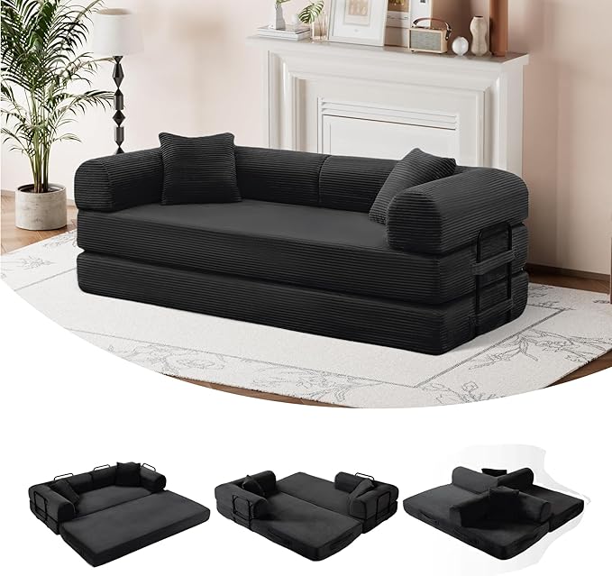 ZQRhome 79" 5-in-1 Convertible Sofa Bed, King Size Sleeper with Bonus Pillows & Heavy Duty Frame, No Assembly Corduroy Couch Bed for Movie Night & Guest Room, Black