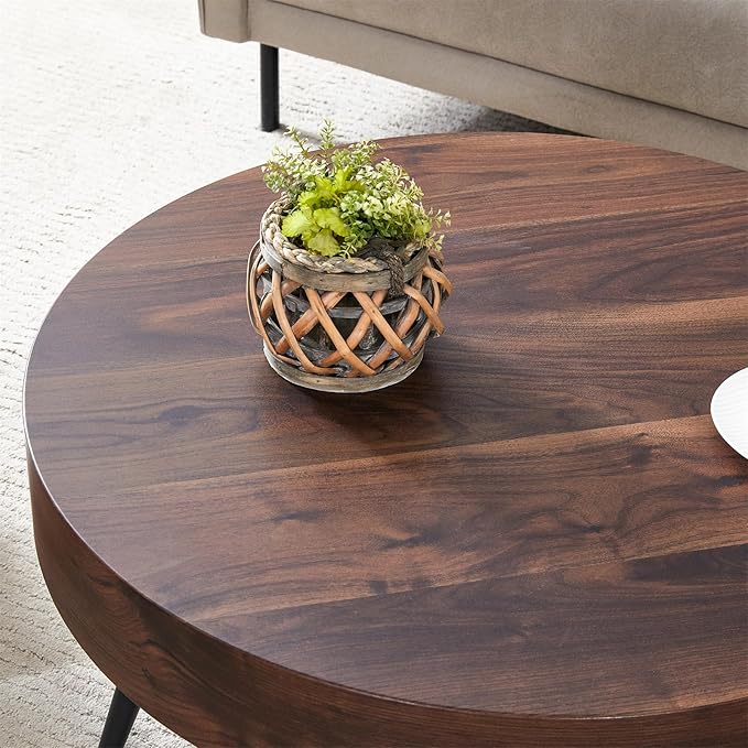 LKTART Coffee Table for Living Room, Round Wood Coffee Tables with Storage, Modern Metal Accent Center Tea Table for Apartment Small Space (31Inch-Walnut)