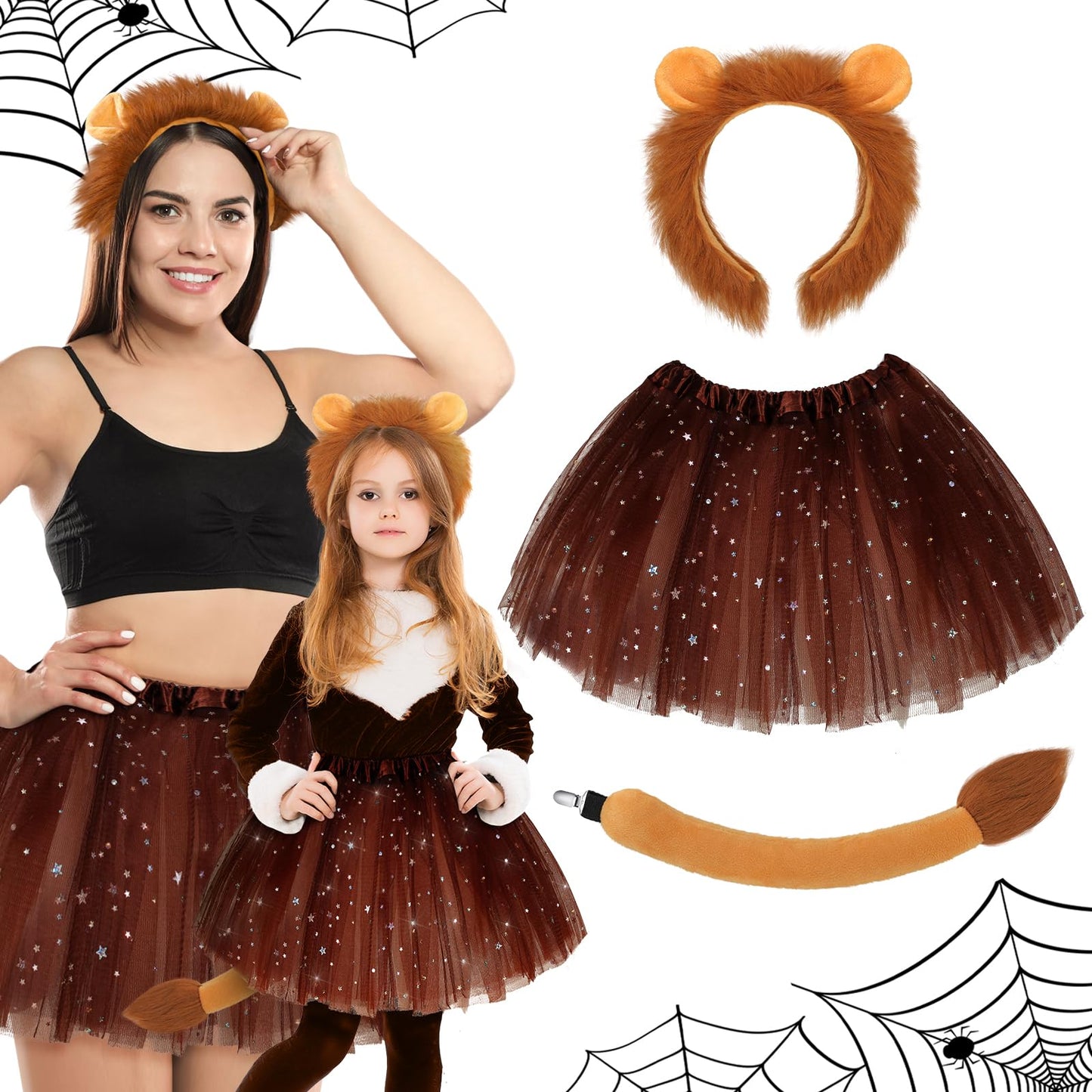 Newcotte 3 Pcs Halloween Costume Animal Tutu Ears Headband Tail Fancy Dress Costume Kit for Youth Adult Halloween Cosplay(18-28 Years, L-XL,Lion) Multicolor