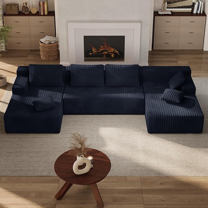 LAUSAINT HOME 132" Modular Sectional Sofa Couches, U-Shaped Boneless Cloud Sofa with 4 Deep Seat, 6 Cushiones Oversized Chaise for Living Room, Bedroom, Plush Corduroy Fabric (U Shaped,Navy Blue)