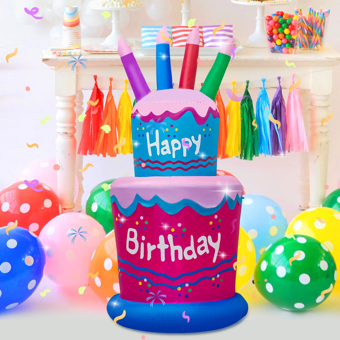 6FT Inflatable Birthday Cake Decoration,Birthday Blow up Cake Outdoor Decor with LED Lights，Light-up Happy Birthday Sign for Yard Lawn, Inflatable Outdoor Holiday Yard Decoration(Blue & Pink)