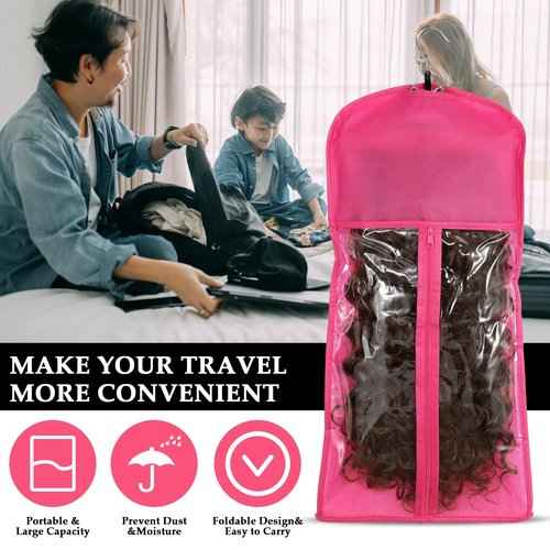20pcs Hair Extensions Hanger Bags with Wooden Hanger Dust proof Wig Storage Bag Portable Hair Extension Storage Bag Strong Holder Wigs Carrier Bags With Zipper (Black+Pink)