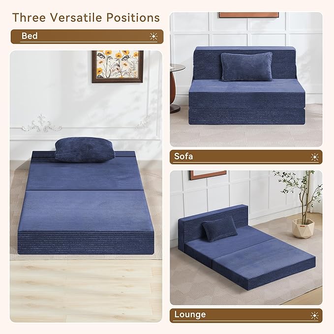 WUTUTUEE Folding Sofa Bed Convertible Floor Couch Foldable Chair Bed with Pillow，Linen Sleeper Chair Futon,Foldable Memory Foam Mattress for Bedroom/Living Room/Dorm/Office (Corduroy Navy, Standard)