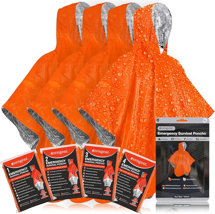 aZengear Emergency Survival Poncho (4pc) Thermal Mylar Foil Blanket for Heat Retention and Rain | Reversible with Hood | W...