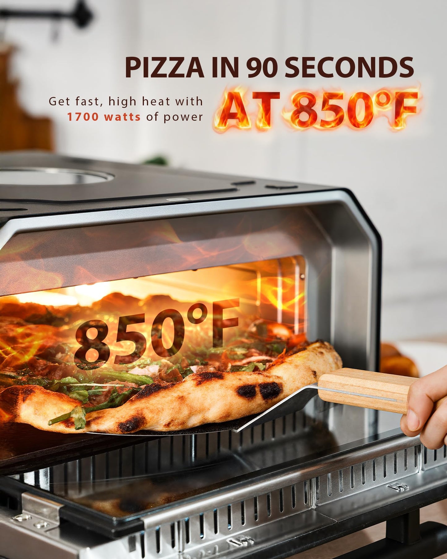 Indoor Pizza Oven, 12 Inch Pizza in 90 Seconds, Heats up to 850°F Pizza Maker, 12-in-1 Multi-Function with Bake, Roast, Grill & Dehydrate, 12 Touchscreen Presets, Pizza Stone & Peel Included, Black