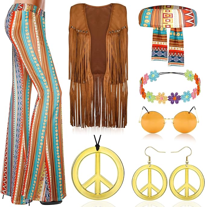 Mukum 8 PCS 60s Women Hippie Costume, 70s Hippie Outfits with Tops and Flared Pants Glasses Necklace Set for Christmas