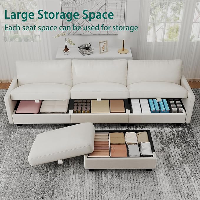 OhaiAura Modular Sectional L Shaped Sofa Couches for Living Room, Cloud Couch with Storage Ottoman, Comfy Chenille Sofa with Pillow, Beige