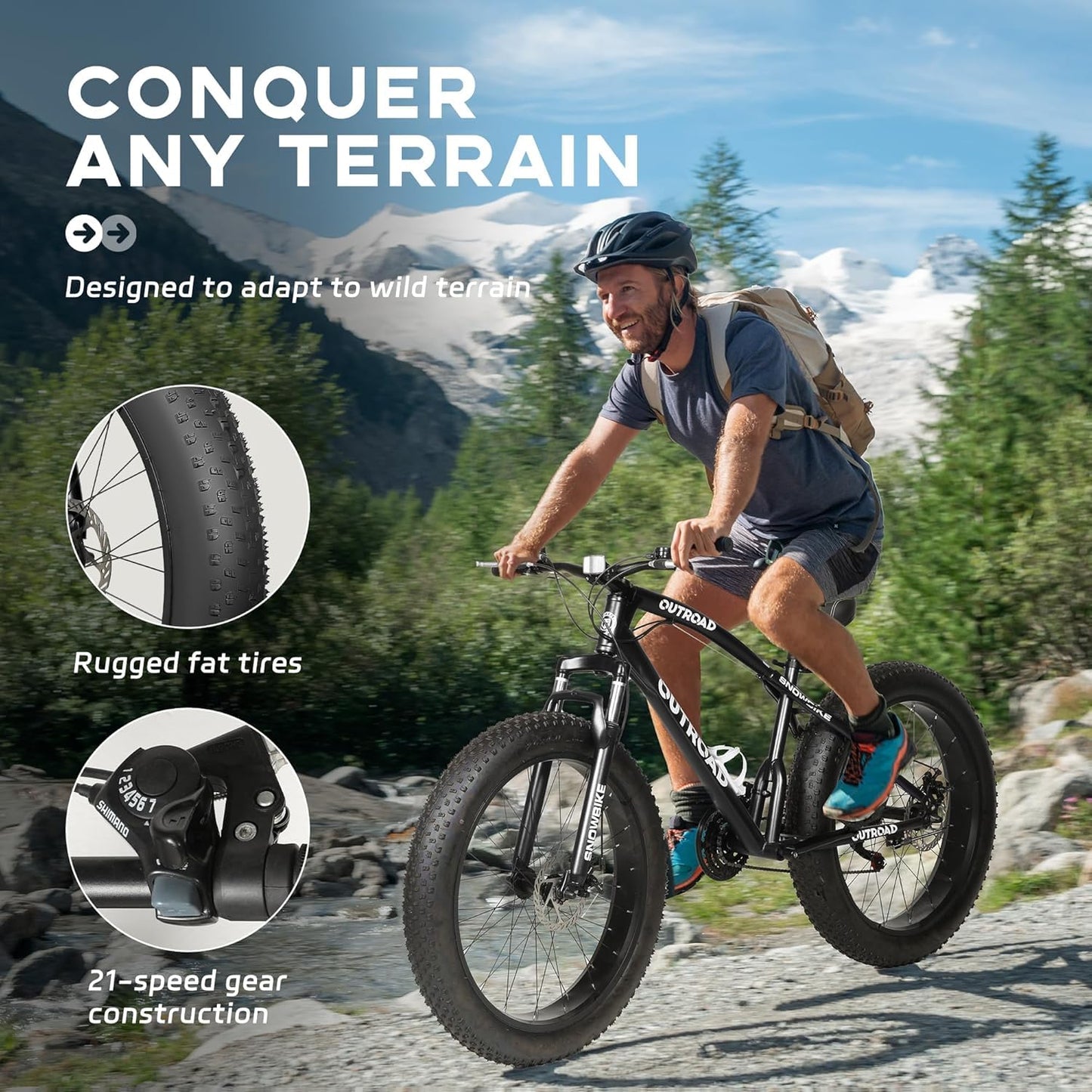 Outroad Mountain Bike Fat Tire with 4-Inch Tire 26 inch Wheels, 21 Speed with High Carbon Steel Frame, Double Disc Brake and Front Suspension Anti-Slip Bikes for Men and Women, Black