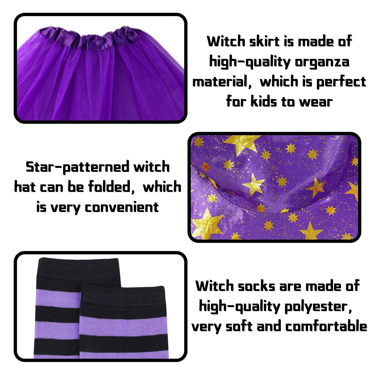 MISS FANTASY Toddler Witch Costume Halloween Witch Costume Accessories Girls Including Witch Hat and Broom Witch Purple Tutu Toddler Striped Witch Socks for 3-5 Kids Hocus Pocus Costume for Toddler