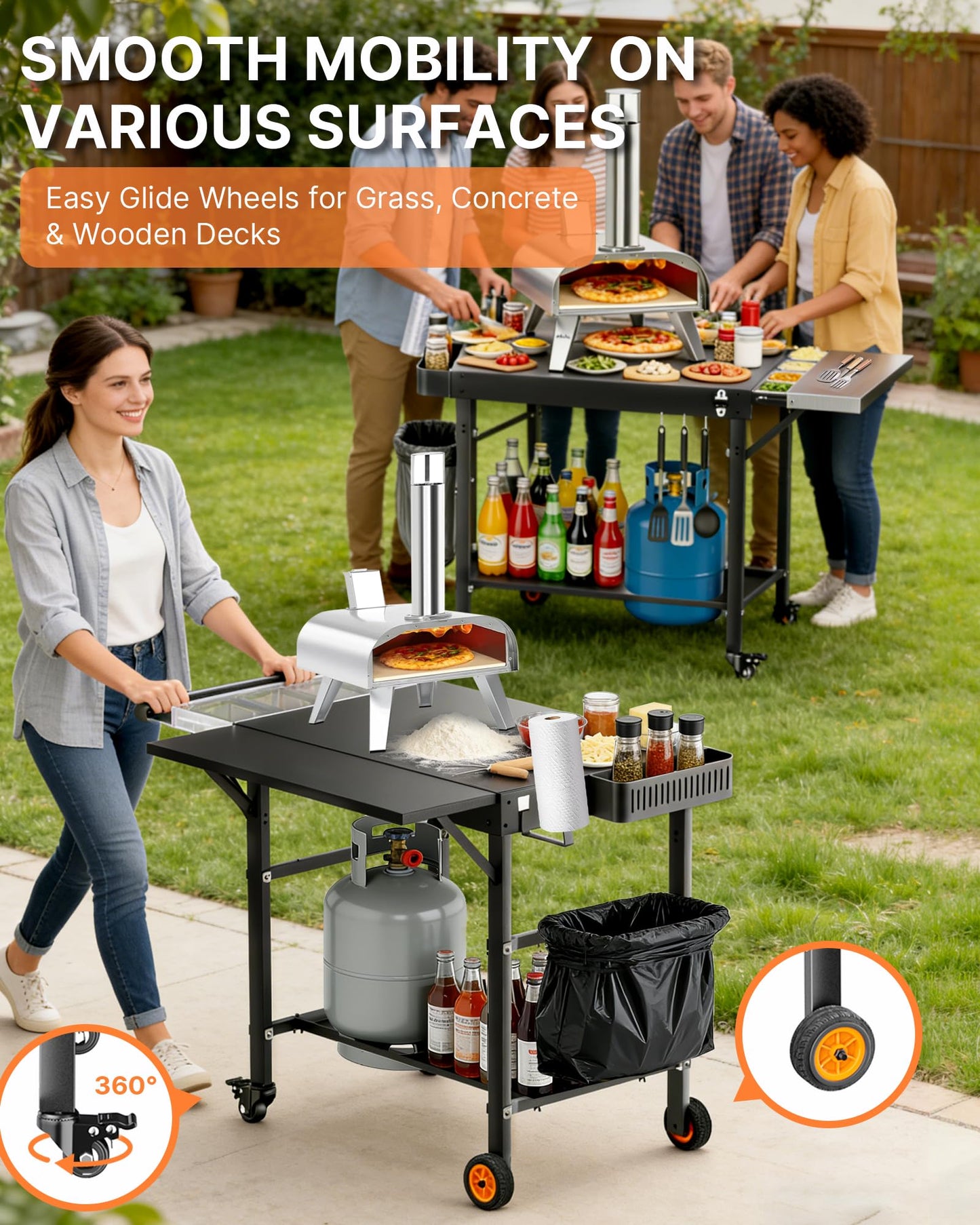 GANGSHELO Outdoor Pizza Oven Table with Topping Station, Portable Pizza Oven Cart with BBQ Prep Tables Station for Ninja Woodfire Grill, Blackstone Griddle, Tabletop Grill