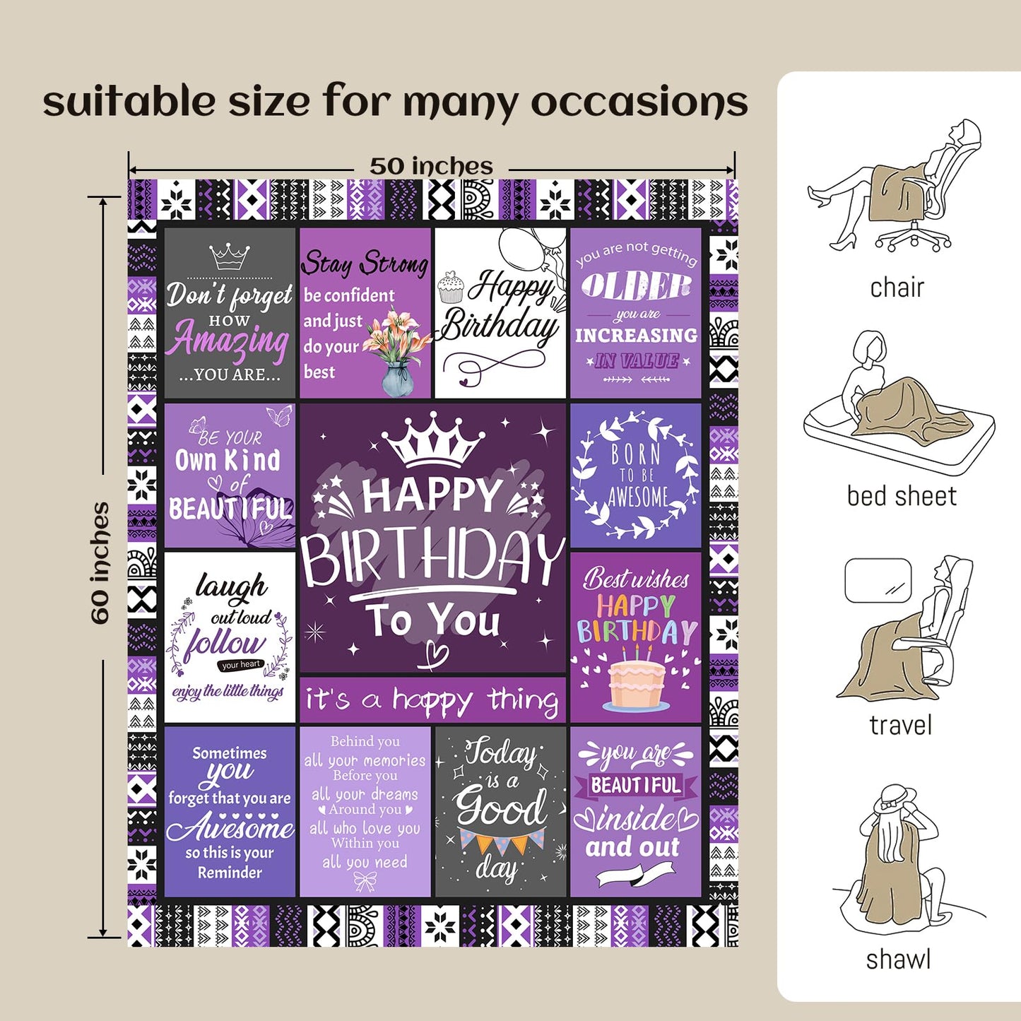 Ueedklaayy Happy Birthday Gifts for Women, Purple Gift for Women Birthday, Bday Gift for Woman Friendship, Bday Gift for Best Friend Sister Mom, Purple Flannel Blanket 60"X50"