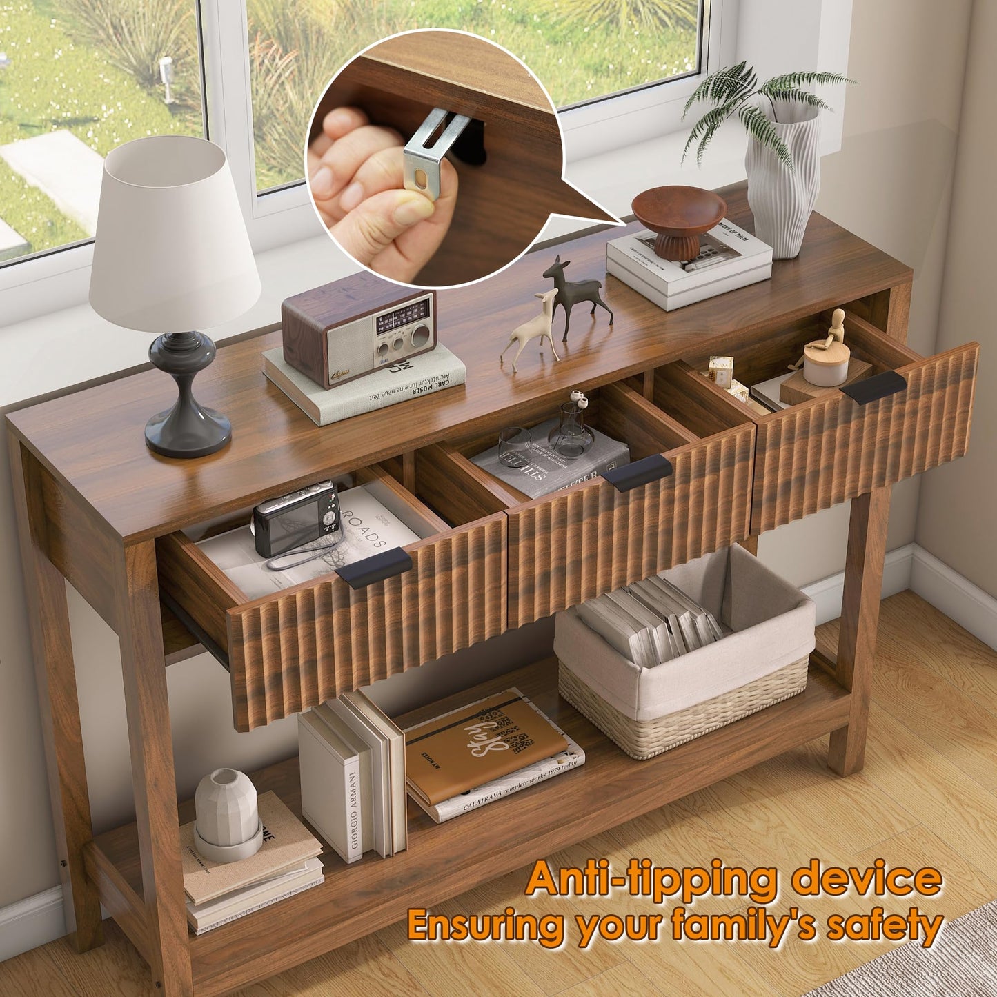 Nasonet Fluted Console Table, Wooden Sofa Table with Storage and Drawers, Farmhouse Behind Couch Table Entryway Table for Entrance, Hallway, Living Room, Brown