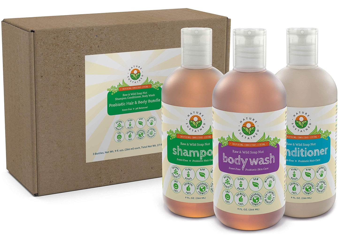 Probiotic Soapberry Body Wash, Shampoo & Conditioner Gift Bundle [Unscented] (3 Pack, pH Balanced) for Dry Hair and Sensitive Sk