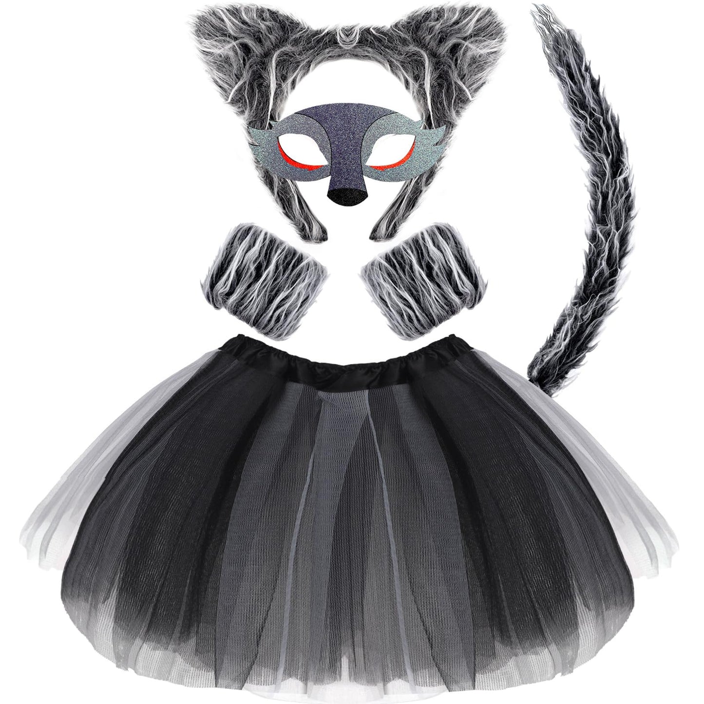 NinkyNonk 6 Pcs Wolf Costume Kits Wolf Ears Headband Tail Mask Bowtie Gloves Tutu for Halloween Dress Up Supplies
