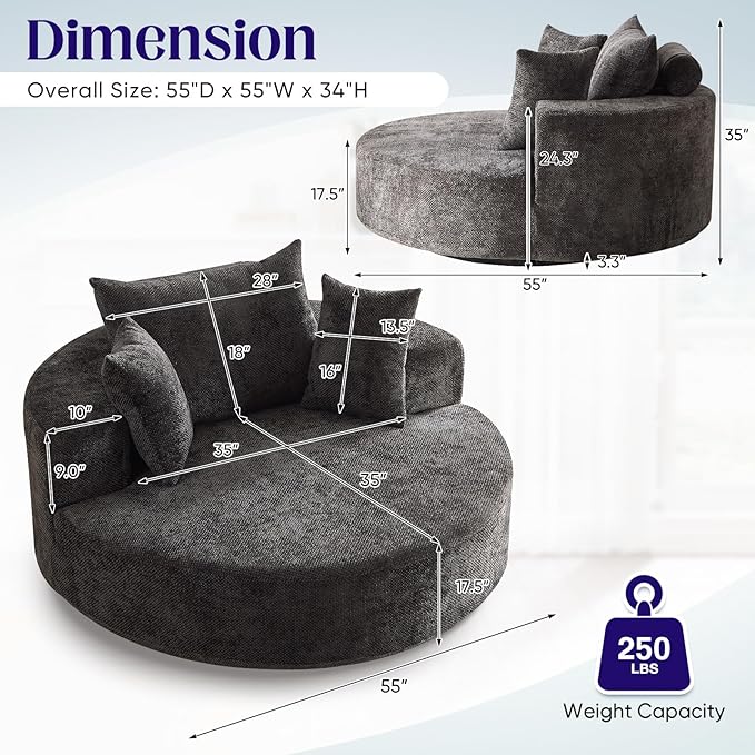 Oversized Round Swivel Chaise Longue Chair Indoor, Modern 55-inch 360 Degree Swivel Upholstered Waffle Chenille Deep Seat Circle Single Cloud Sofa Chair for Living Room Bedroom Apartment Office, Black