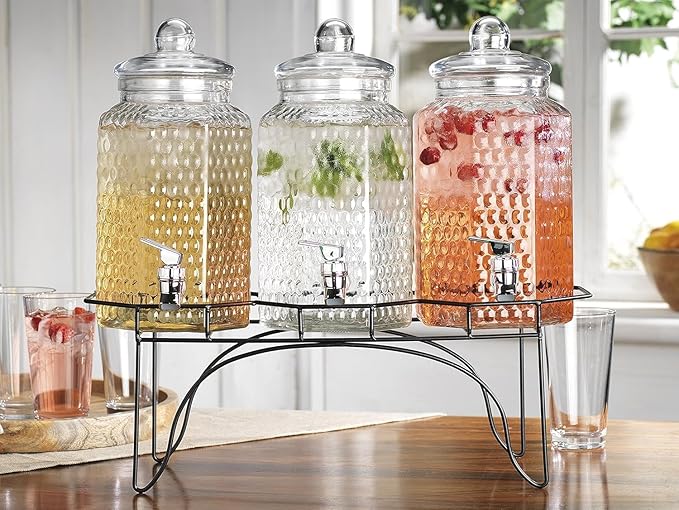 Drink Dispenser Set of 3 - Beverage Dispenser with Stand - Glass Drink Dispensers for Lemonade, Juice, Water, Iced Tea, Pu...