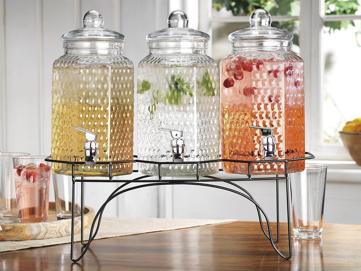Drink Dispenser Set of 3 - Beverage Dispenser with Stand - Glass Drink Dispensers for Lemonade, Juice, Water, Iced Tea, Punch - 1-Gallon Countertop Party Drink Dispensers