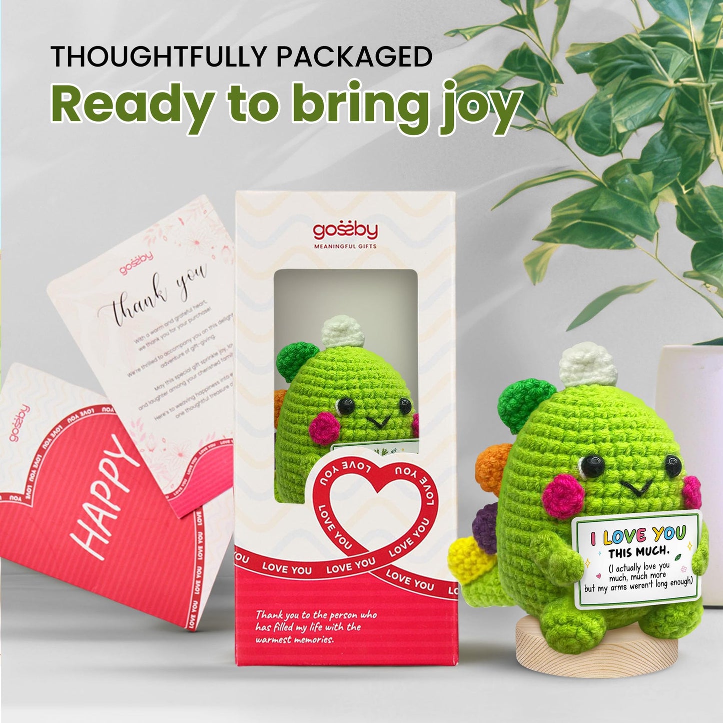 Gossby Handmade Positive Dinosaur Crochet - I Love You This Much - Gift for Husband, Boyfriend - Romantic Anniversary, Valentines, Xmas, Birthday Gift for Him from Wife, Girlfriend - Knitted Decor