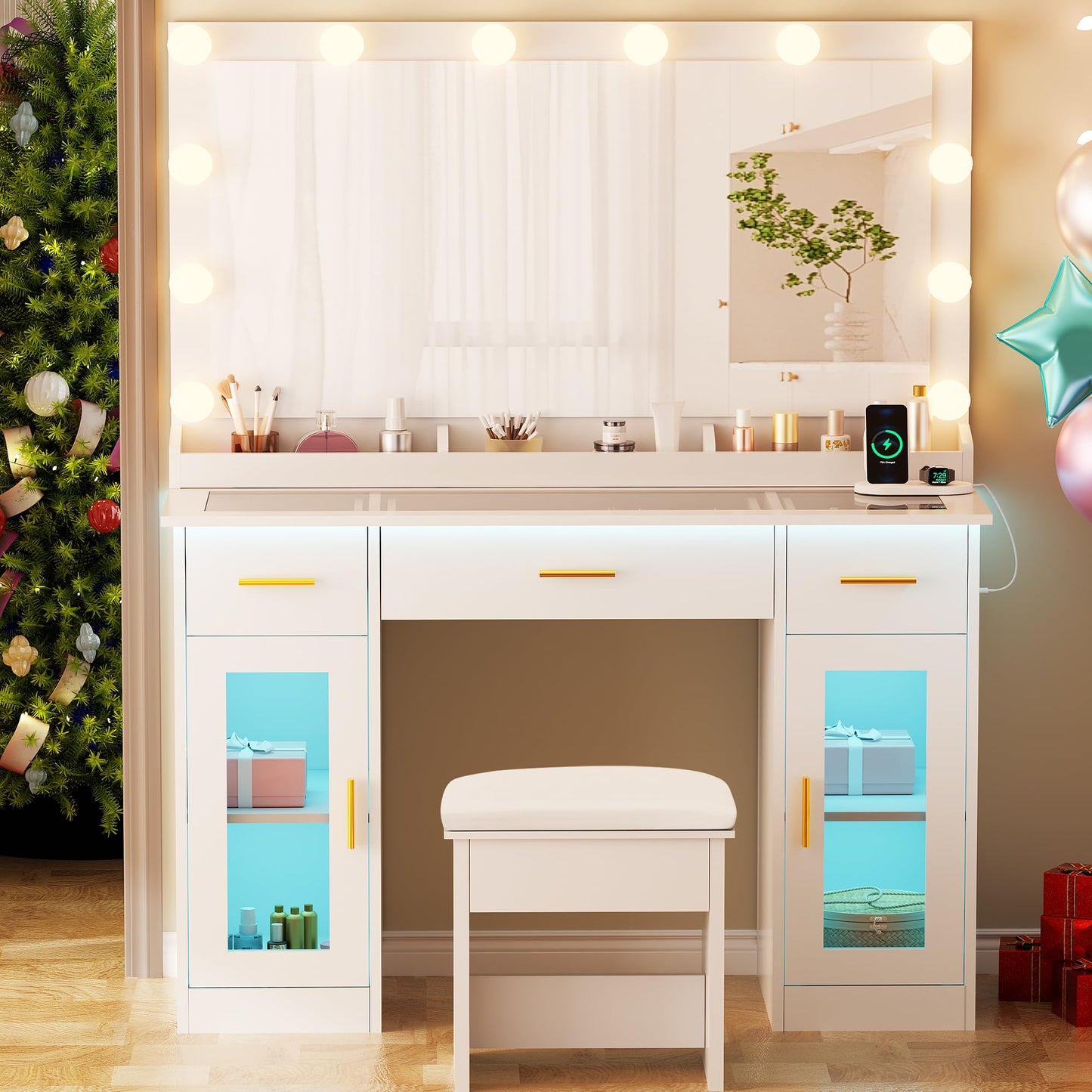 BEWISHOME Vanity Desk with Mirror and Lights White Makeup Vanity Table with Glass Top & Stool,43.4" Large Makeup Desk with Power Outlet,3 Storage Drawers,Dressing Table for Bedroom Women,Girls FST35W