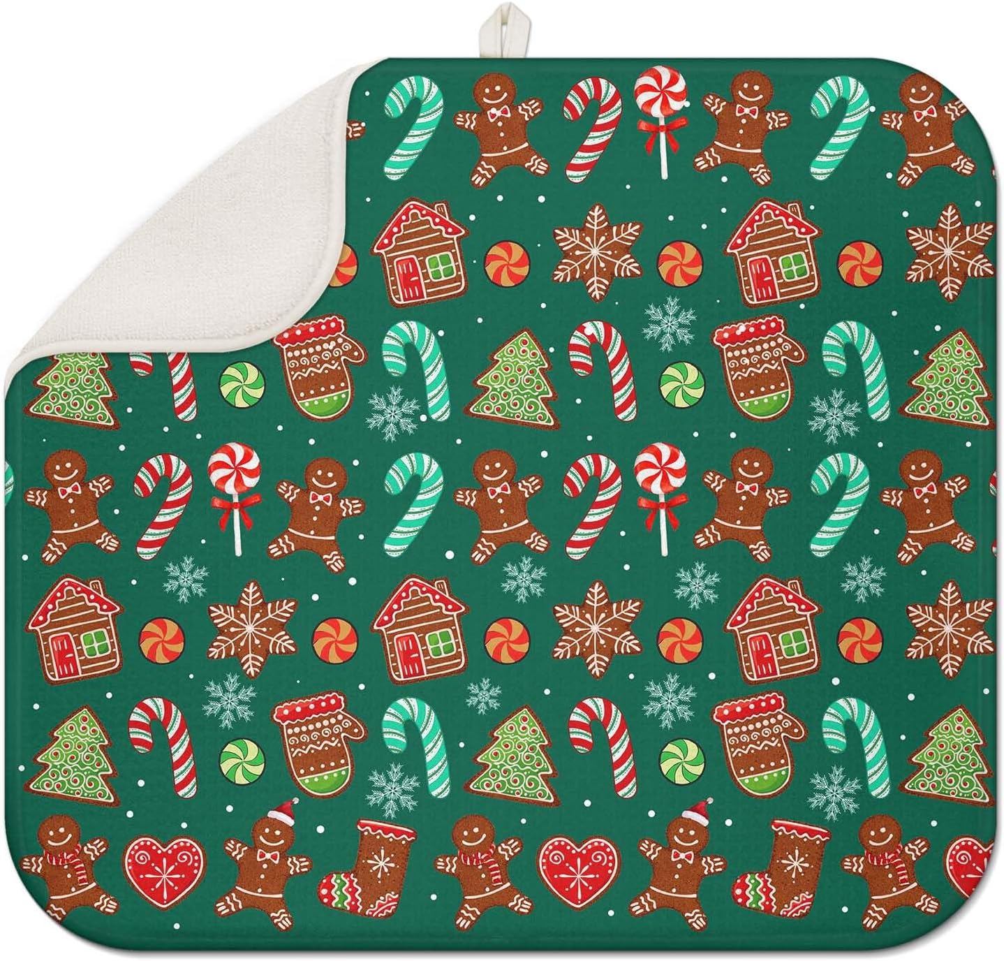 Green Christmas Drying Mat for Kitchen Counter 16" X 18" Christmas Dish Drying Mat for Kitchen Decor Candy Xmas Drying Mats For Home Counter Drying Mats For Dishes Dish Mat Drying Mat
