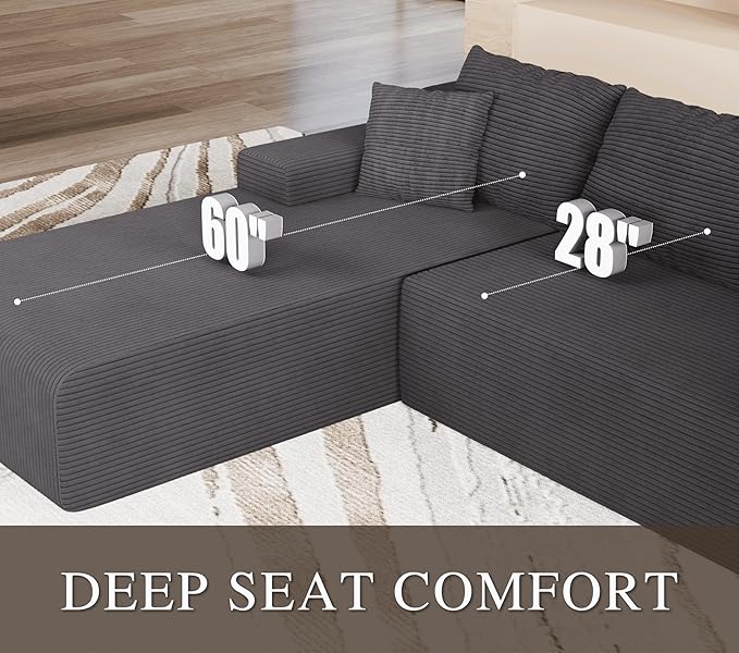 NAYA 106” Modular Sectional Sofa, Cloud Sectional Couch with Deep Seat, Modern Modular L-Shape Sofa Boneless Couch with Chaise for Living Room Bedroom (Grey, Sectional Sofa with Left Facing Chaise)