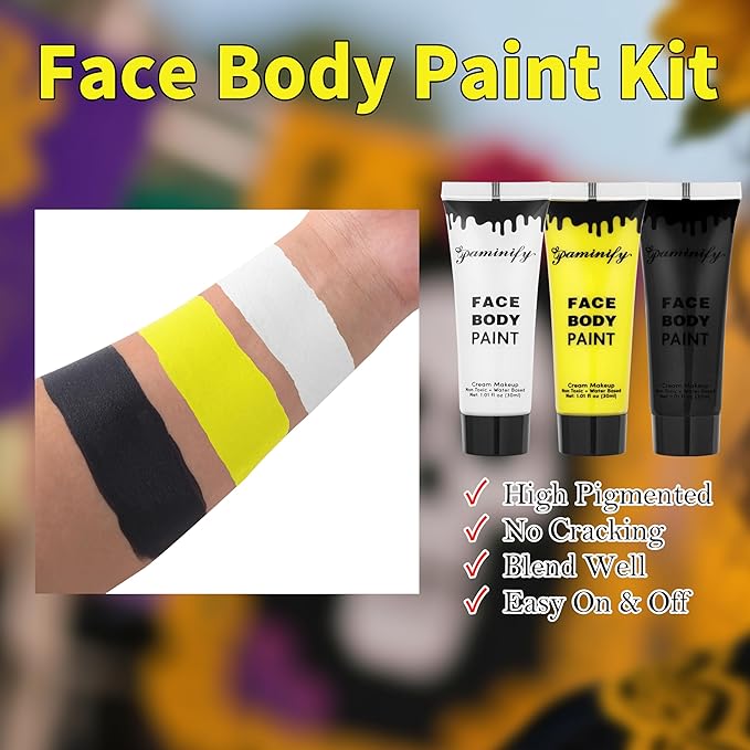 Black White Yellow Face Body Paint 1.01/pc with 3 Sponges,Water Based Face Paint Kit for Skull Tiger Makeup,Halloween SFX Makeup Cream Face Painting