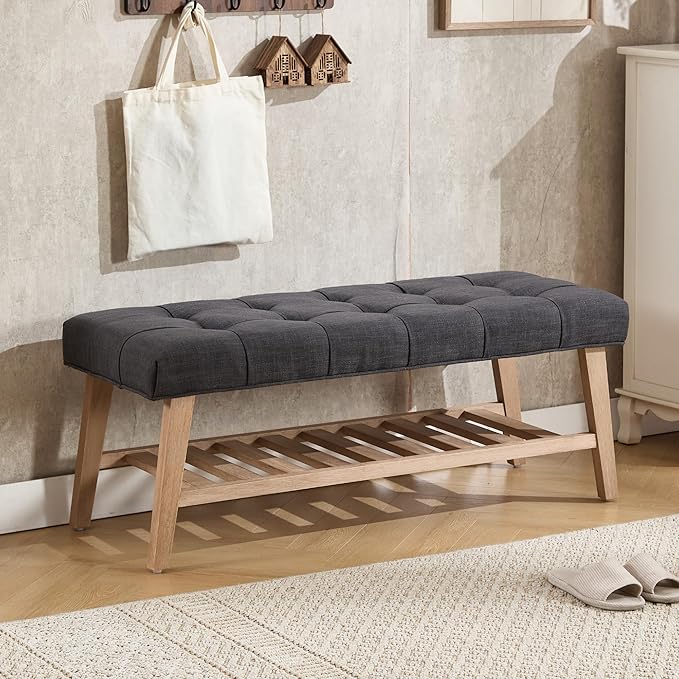 Janoray Entryway Shoe Bench Storage Benches with Upholstered Button Tufted Seat and Open Slatted Shelf Linen Ottoman Bench for Hallway Living Room Bedroom End of Bed, Charcoal