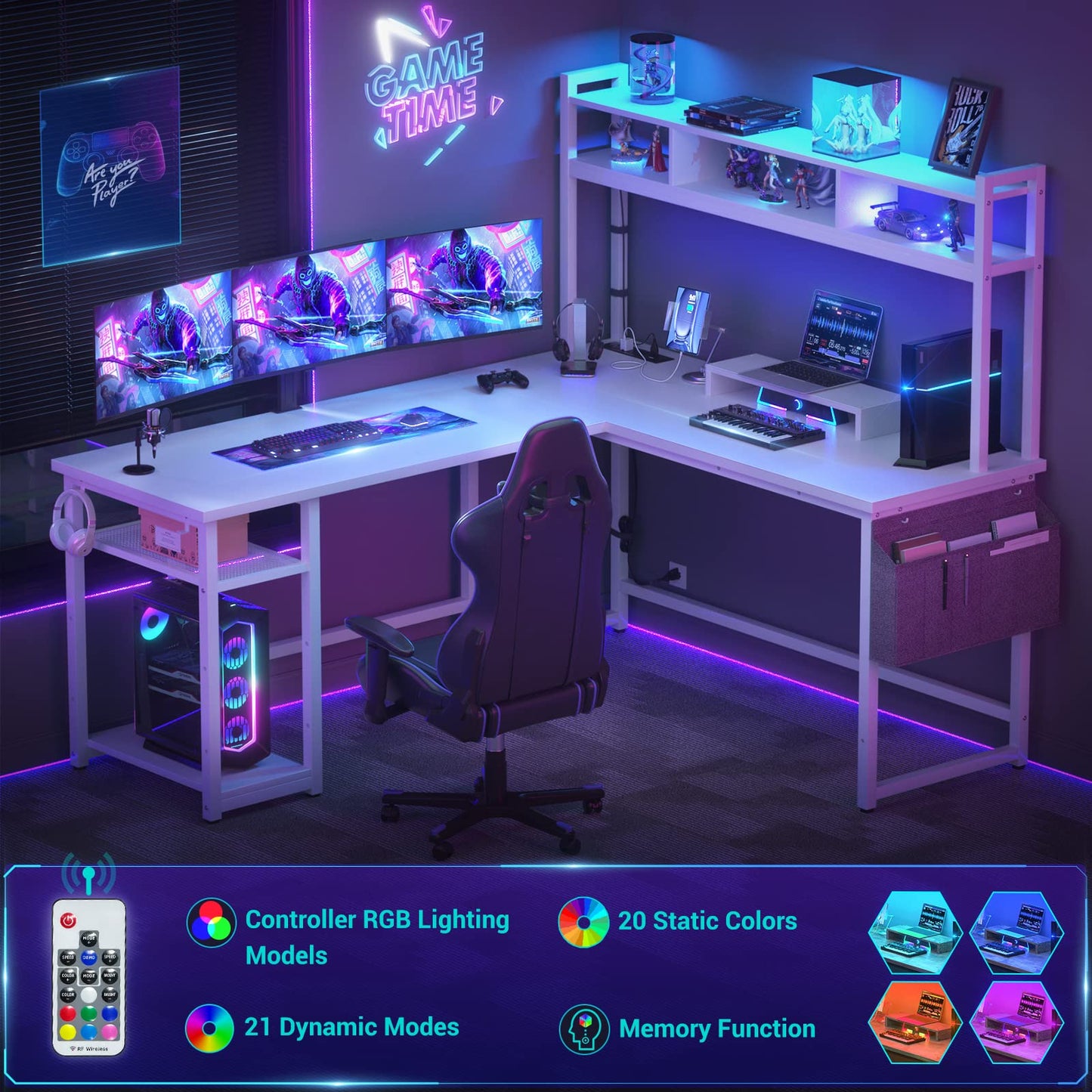 Aheaplus L Shaped Gaming Desk, Reversible 59" and 86" Computer Desk with Power Outlet & LED Strip, Large Gaming Desk with Storage Shelf & Monitor Stand, L Shaped Desk for Home Office, White