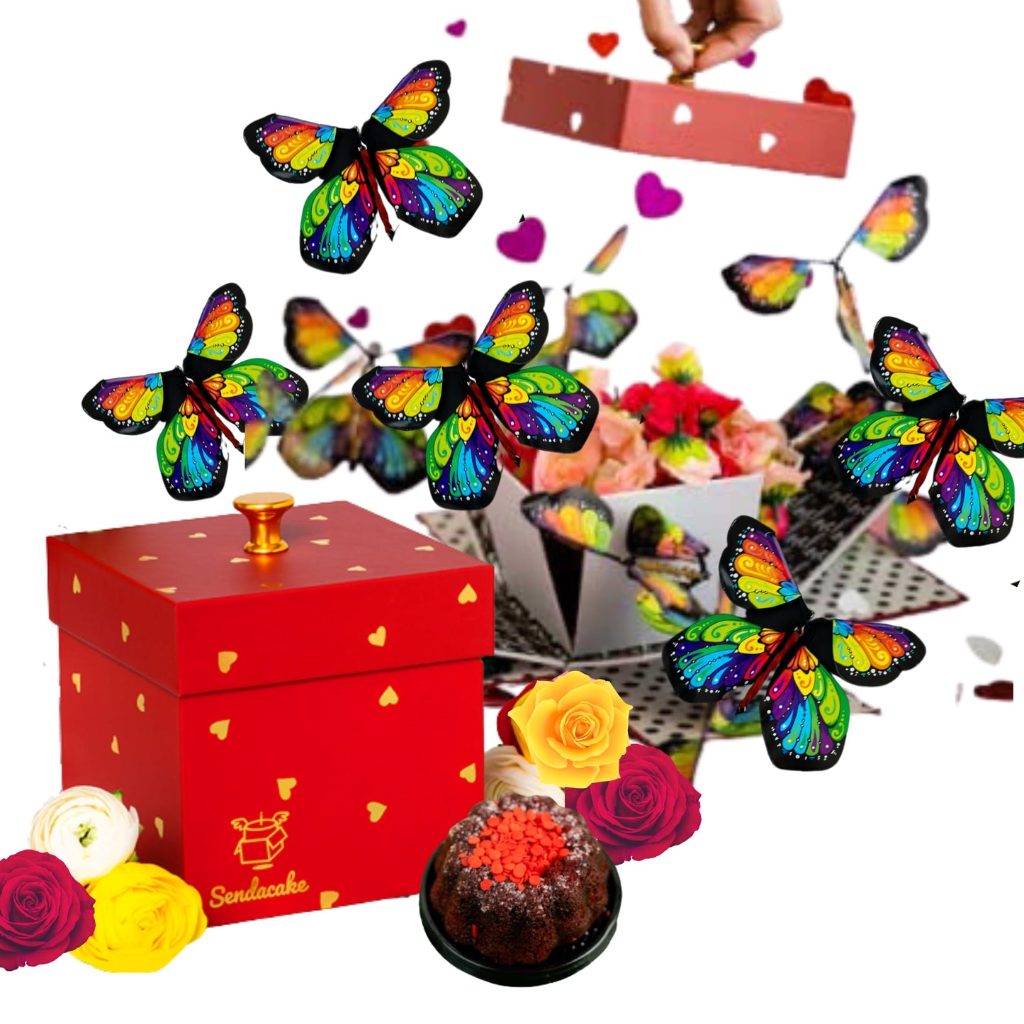 Love Butterfly Explosion Gift Box by Send A Cake – Flying Butterfly Surprise with Flower Shower & Red Velvet Mini Bundt Cake – Ready to Gift Birthday Surprise for Women, Men, Mom, Dad, Friends & Kids