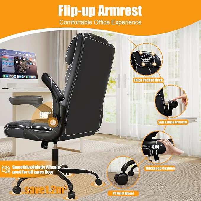 Executive Office Chair with Flip-up Armrests,Ergonomic Computer Desk Chairs,Mid-Tall Back Leather Office Chair 400 Lbs,Lumbar Support Swivel PC Chair with Rocking Function