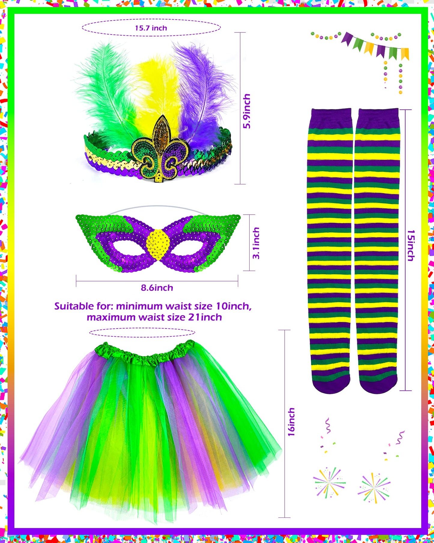 Hikkcos 4 Pack Mardi Gras Costume Woman Tutu Set with Mardi Gras Headband Mask Stocking 80s Costumes Accessories Set Purple