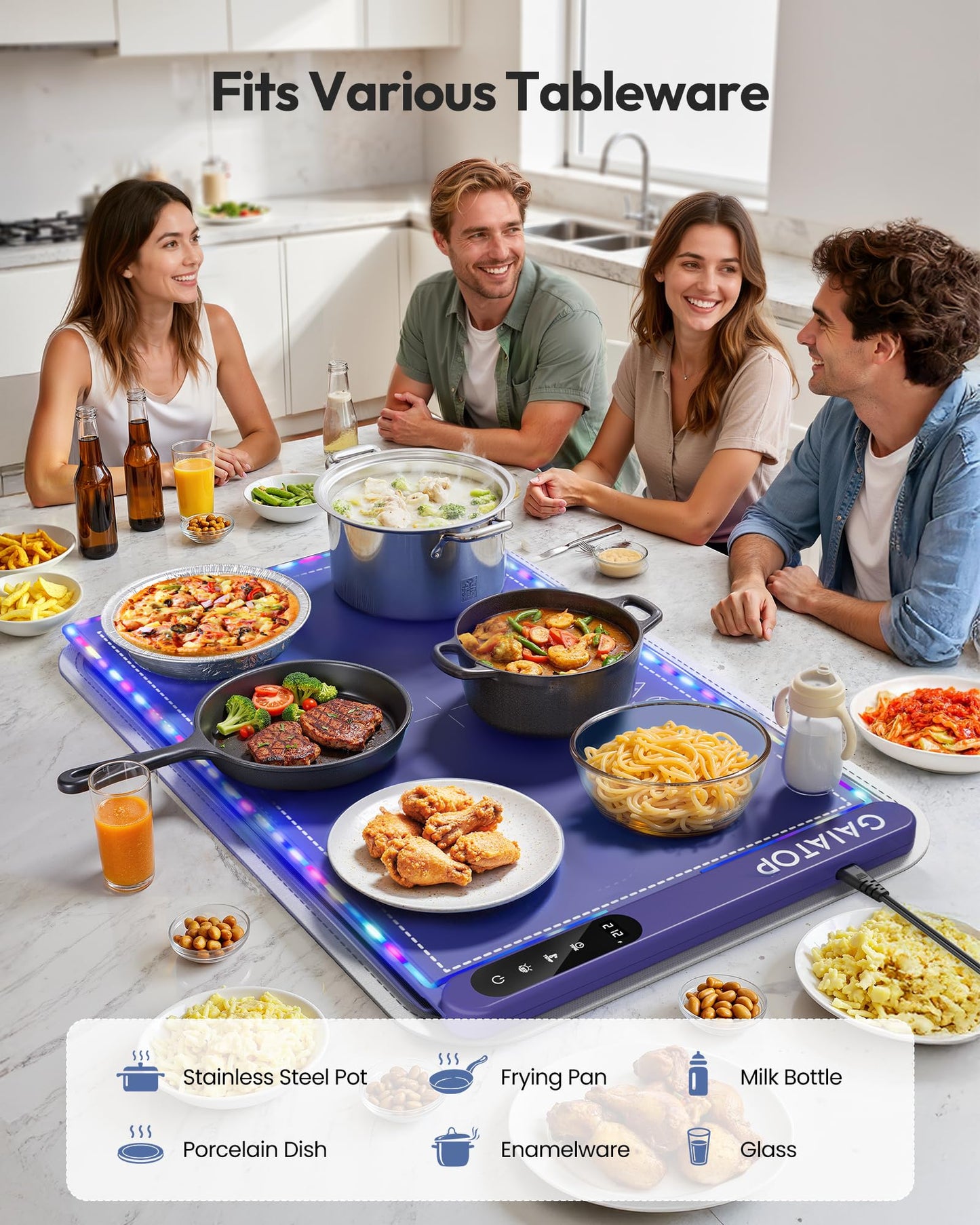 Gaiatop Warming Mat for Food with Trivet & Light, Plateful Food Warming Mats for Countertop, 6 Temp Level, 6 Timer Settings, Full-Surface Fast Heating, Portable Silicone Food Warmer for Parties Buffet