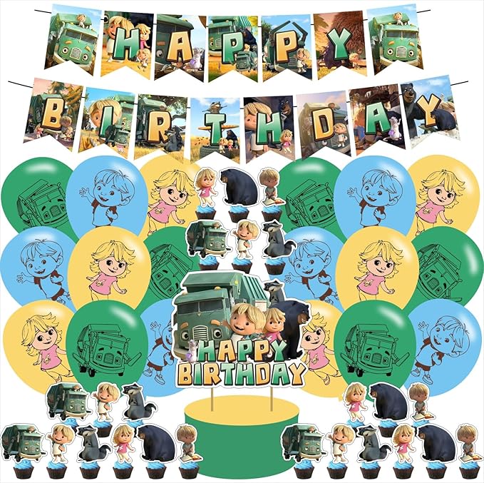 Cartoon Truck birthday party supplies, including cake topper, cupcake toppers, Banner, Latex Balloons,It is very suitable ...