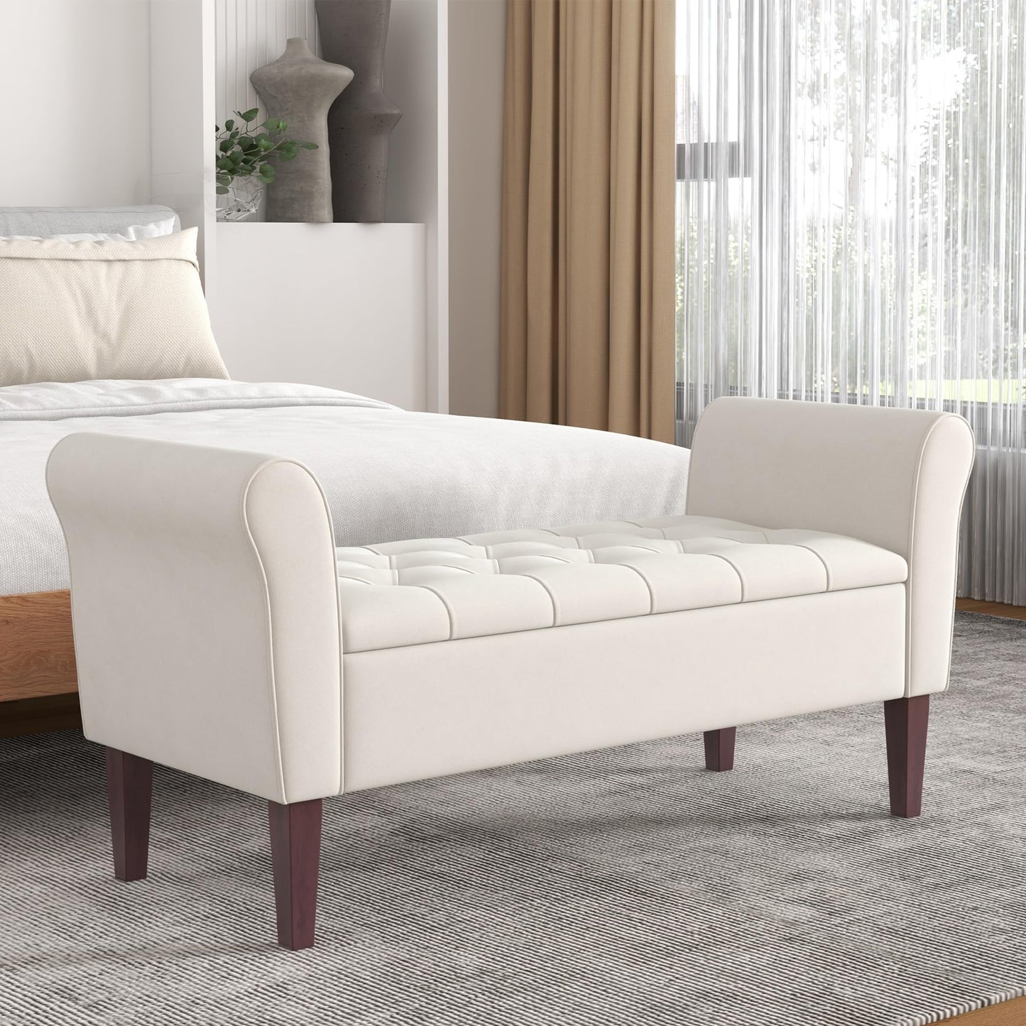 HUIMO 48" Arm Storage Ottoman with 7.5-inch Solid Wood Legs, Storage Bench, Upholstered Window Sitting Bench for Bedroom,End of Bed Bench Indoor, Livingroom, Entryway (Beige)