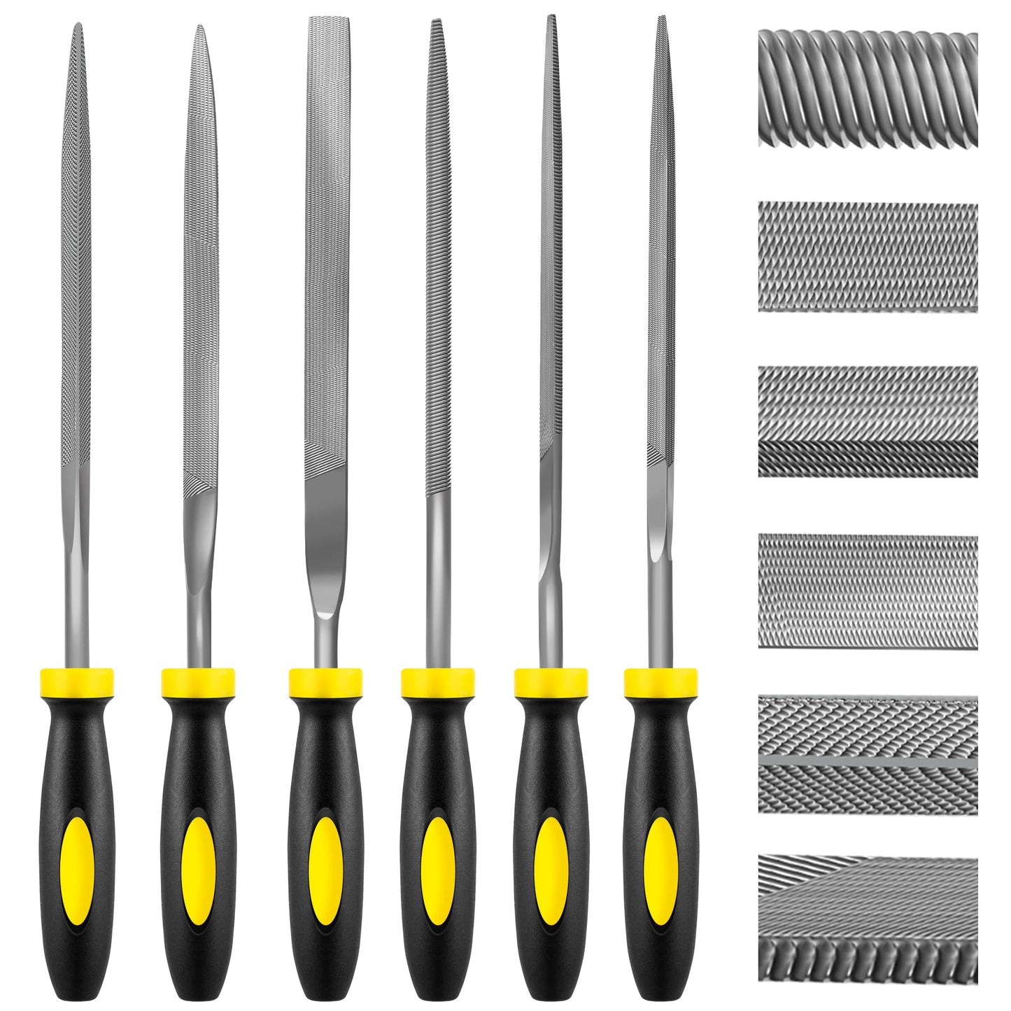 kapoua 6-Piece Metal Needle File Set - Hardened Alloy Steel Includes Flat, Warding, Square, Triangular, Round, and Half-Round Files