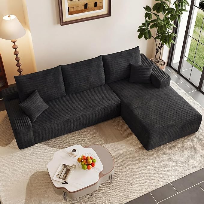 95" Cloud Sectional Couch with L-Shape Chaise, Modern Corduroy Boneless Couch for Living Room,Memory Foam Sofa with Deep Seat,No Assembly Required (Black,Right-Facing Chaise)