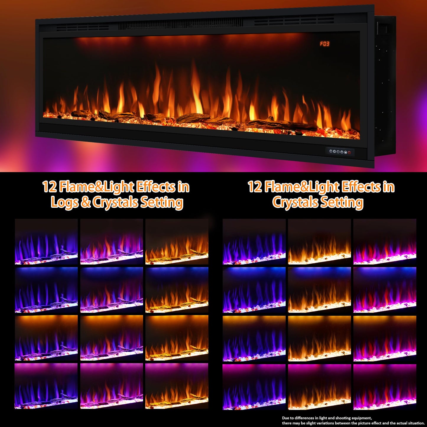 Smart 50 inch WiFi-Enabled Electric Fireplace Inserts, Wall Mount & in Wall recessed Fireplace Heater, w/Realistic Log &Crystals, Adjustable Flame Color, Thermostat and Timer, 750W/1500W, Black