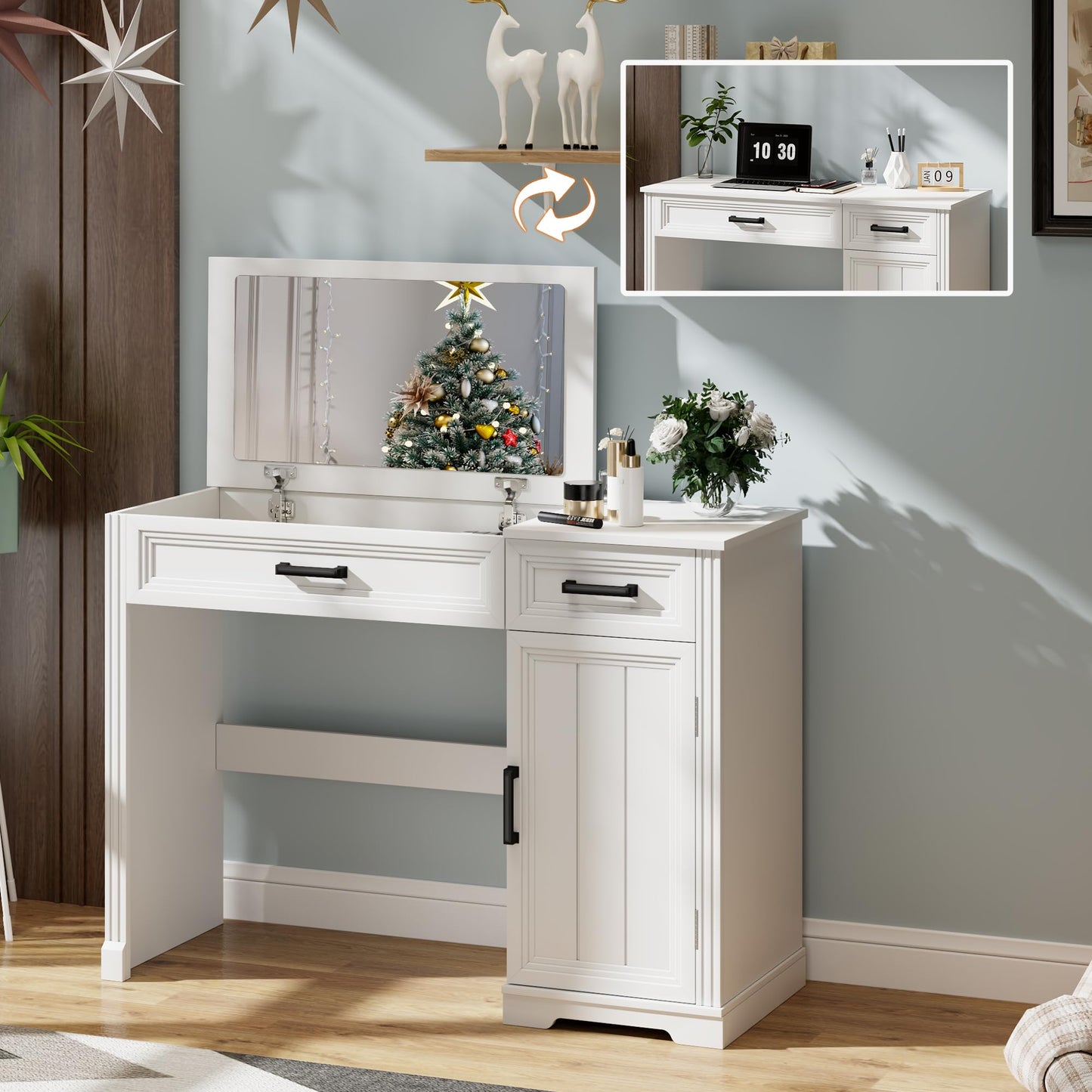 FOMNEY Farmhouse Vanity Desk with Flip Top Mirror, 43.3" W Makeup Vanity with Drawers, Storage Cabinet, Dressing Make Up Vanity Table for Bedroom, Wood Home Office Desk, Pure White