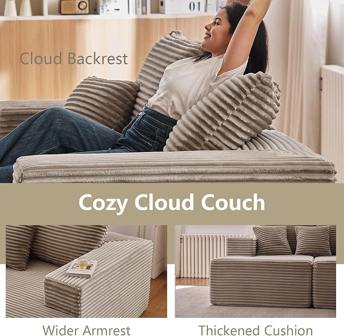 140" Sectional Cloud Couch for Living Room, Modular Floor Deep-Seat Sofa, Big Comfy Corduroy Couches Set with Fluffy Memory Foam, Stupendous L Shaped Sofas, No Assembly Required, Camel
