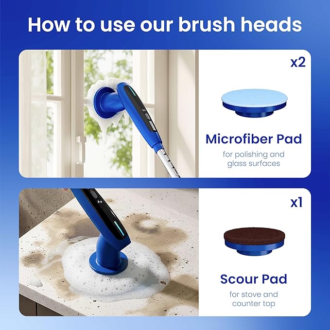 8-in-1 Electric Spin Scrubber, Fully Waterproof Cordless Power Cleaning Brush with LED Display, 2 Speed Settings, Extension Handle for Bathroom, Tubs, Shower, Kitchen, Tile, Sinks, Car, Floor