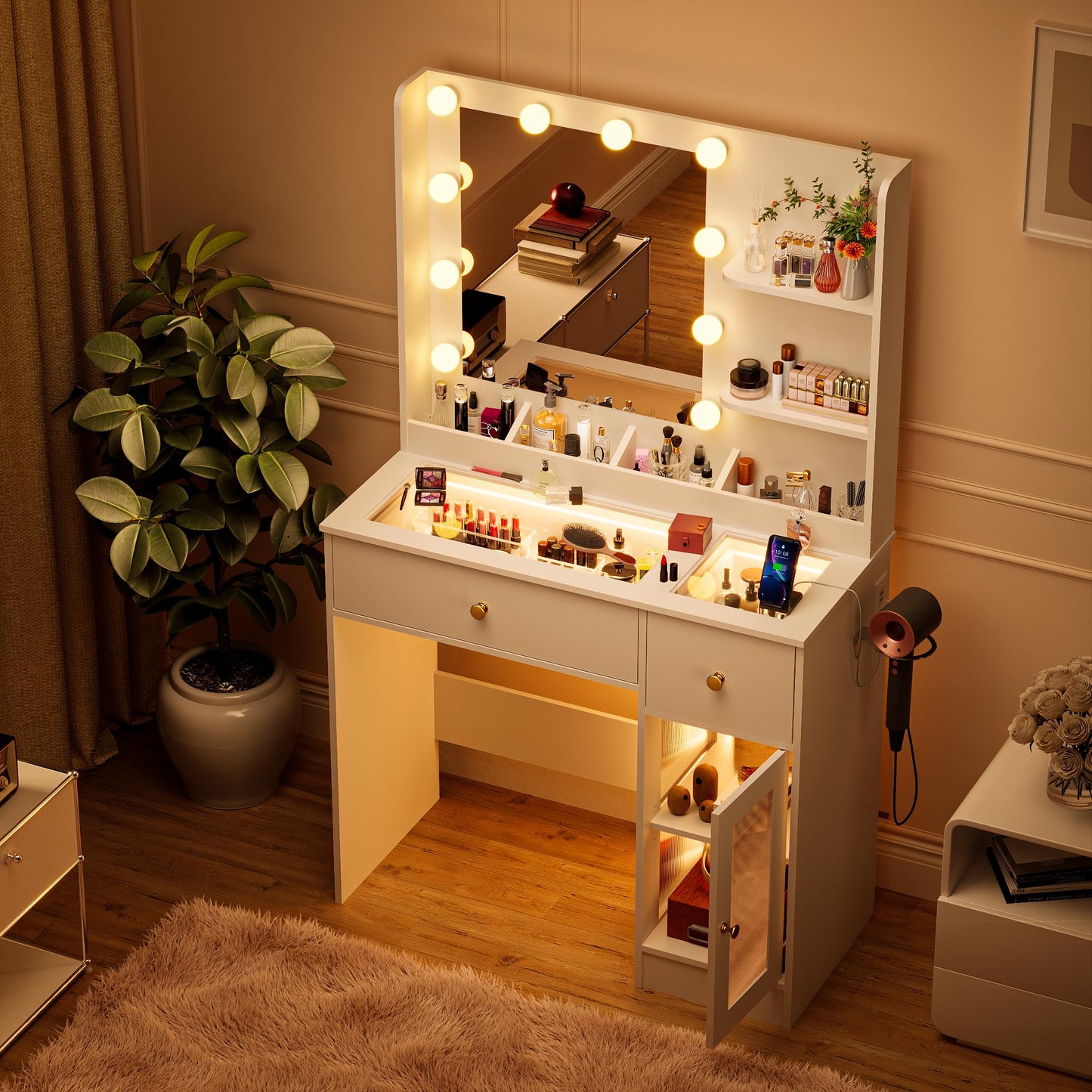 LAKEMID Vanity Desk with Mirror and Bulbs Lights, White Glass Top Makeup Vanity Table with Drawers & Power Outlet,3 Lighting Modes & Adjustable Brightness, Modern Vanity Dressing Table with Cabinet