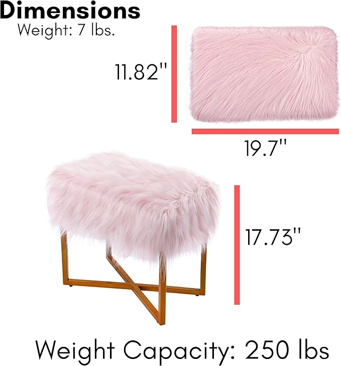 BIRDROCK HOME Rectangular Pink Faux Fur Foot Stool Ottoman with Gold Legs - Vanity Chair - Soft Compact Padded Seat - Bedroom and Kids Room Chair - Metal - Fluffy Makeup Seat Furniture