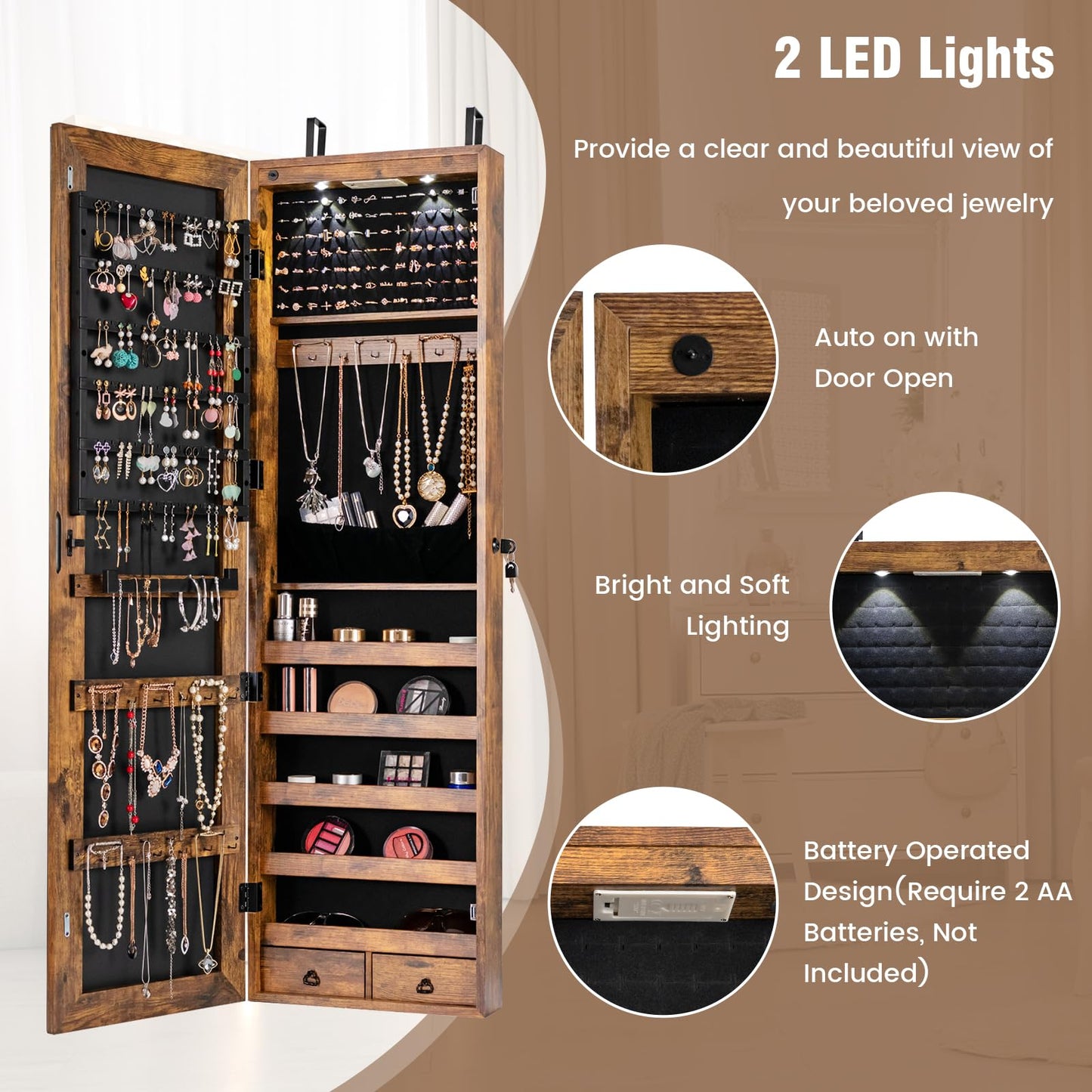 LDAILY Jewelry Armoire Wall or Door Mounted, Full-Length Mirror with Storage, Lockable Mirror Jewelry Cabinet w/ 2 Drawers, LED Lights, Over the Door Jewelry Organizer Box for Women Girls