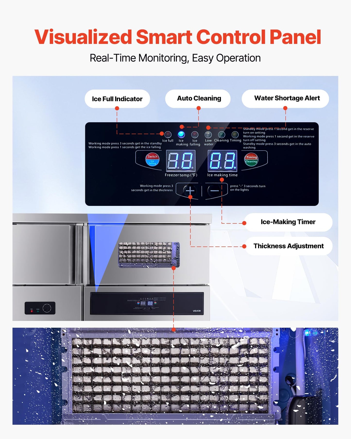 VEVOR Commercial Ice Maker Machine, 330 lbs/24H Stainless Steel Ice Machine with Worktop, 88 lbs Storage & 144 Cubes/Cycle, Self-Cleaning Freestanding Ice-Making for Home Bar Office Restaurant Kitchen