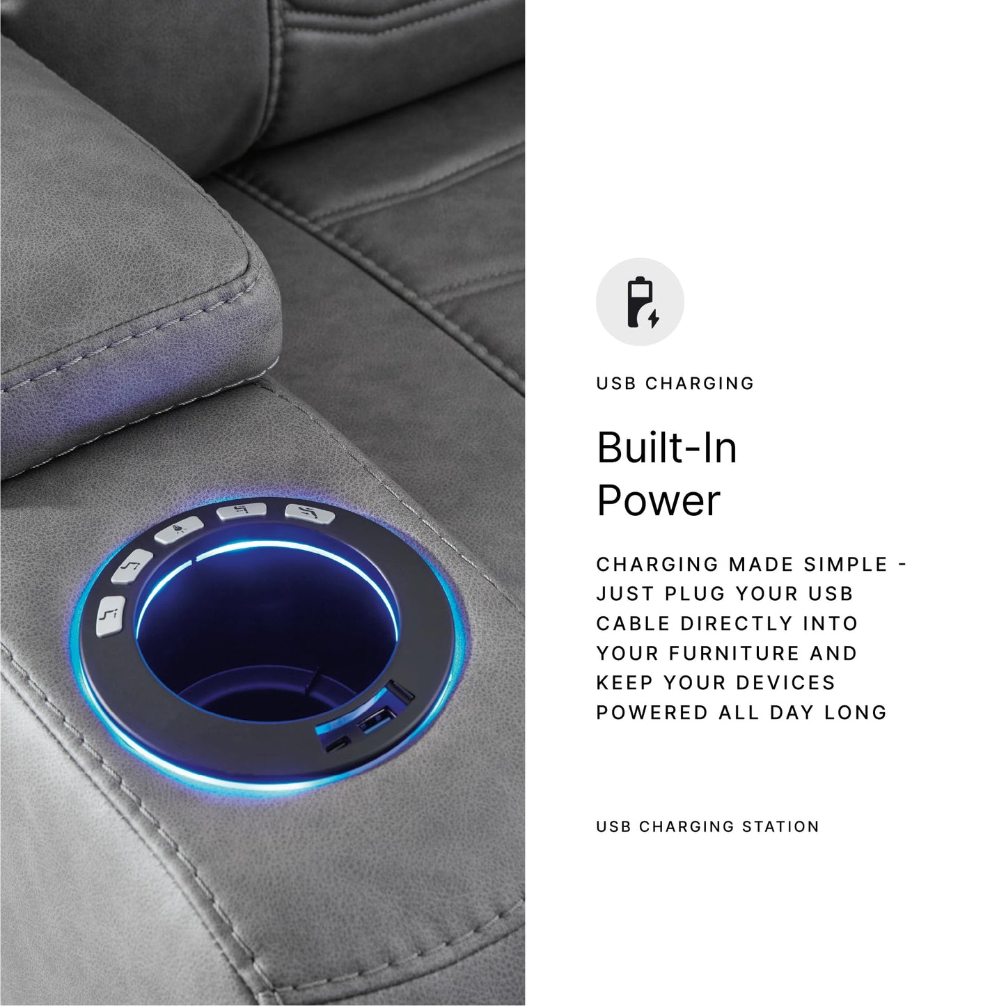 Signature Design by Ashley Schooner Rocks Power Recliner Chair, Faux Leather Upholstery with Adjustable Headrest, LED Cup Holders and Extended Ottoman for Home Theater Comfort