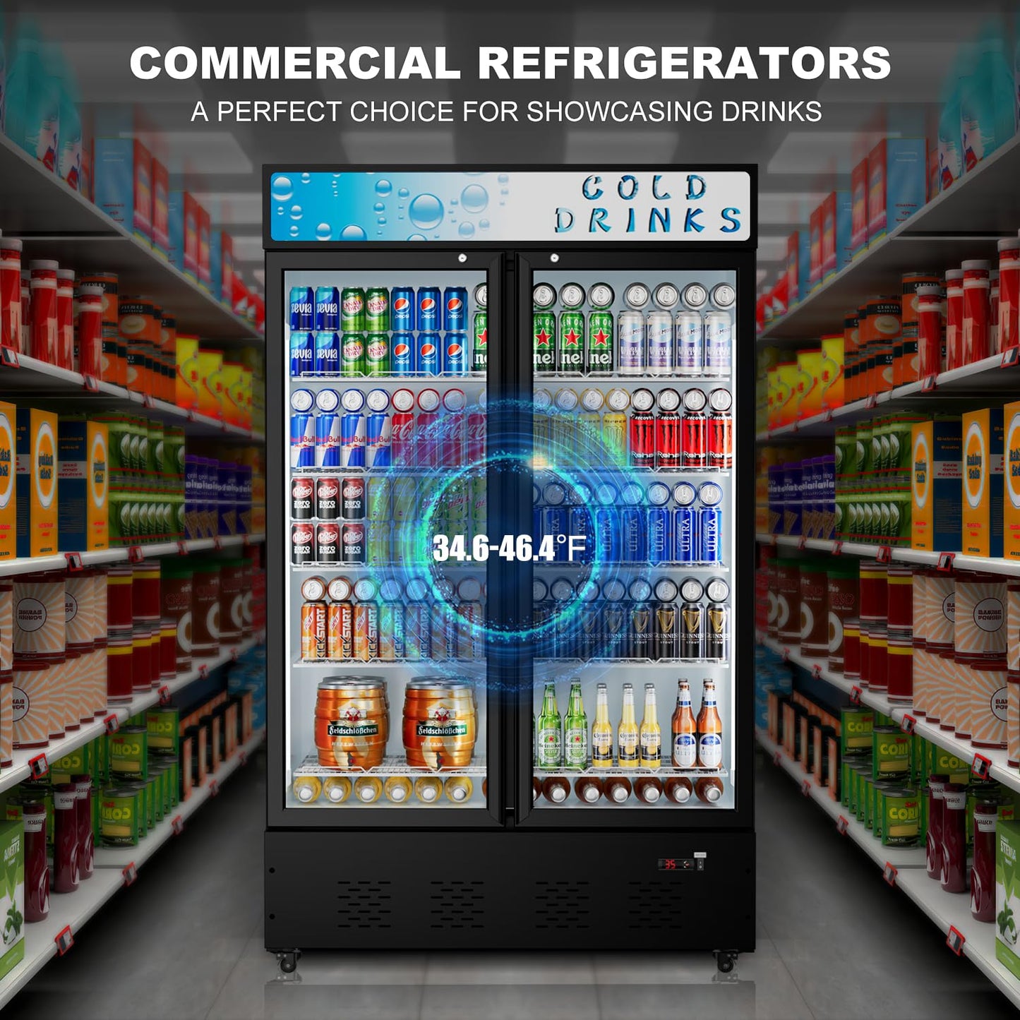 FreezLabs Commercial Glass Door Display Refrigerator 40 Cu.ft Cooler Commercial Display Beverage Refrigerators with LED Light and 10 Shelves for Cafe Restaurant Store Bar