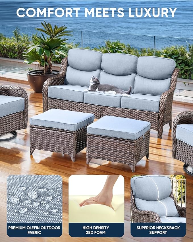 ACTREST Luxury 22x24/22x25 6-Inch Smile Patio Dining Chair Cushions Set of 4 - Heavy Duty Water Slashproof Outdoor Seat Cushion for Outside Furniture Swivel Chairs Loveseat L-Shape Sofa - Baby Blue